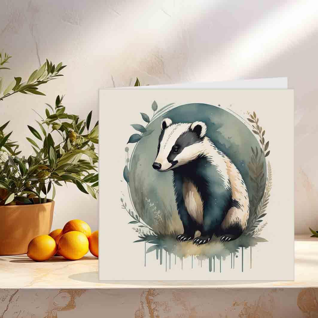 Badger Greeting Card - Watercolour Badger Birthday Card 145 x 145mm - Purple Fox Gifts