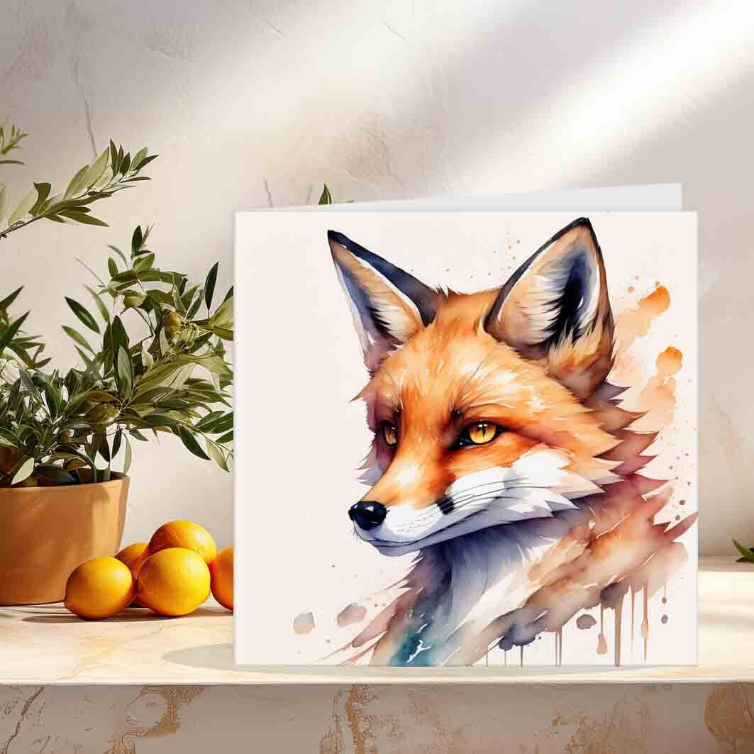 Watercolour Fox Greeting Card Birthday Card Watercolour Anima1 art 145 x 145mm - Purple Fox Gifts