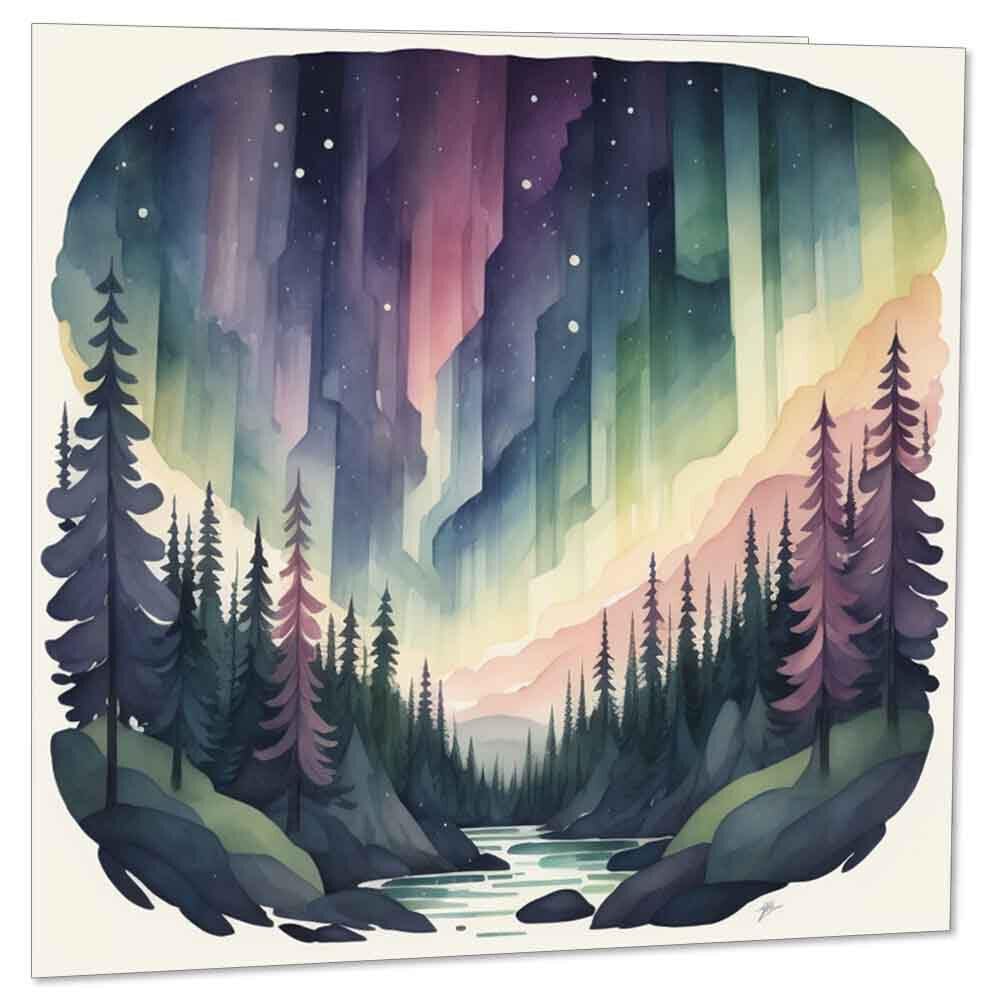 Northern Lights Greeting Card Aurora Borealis Card 145 x 145mm - Purple Fox Gifts