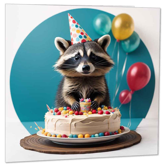 Raccoon Birthday Card - Raccoon Happy Birthday Card 145 x 145mm - Purple Fox Gifts