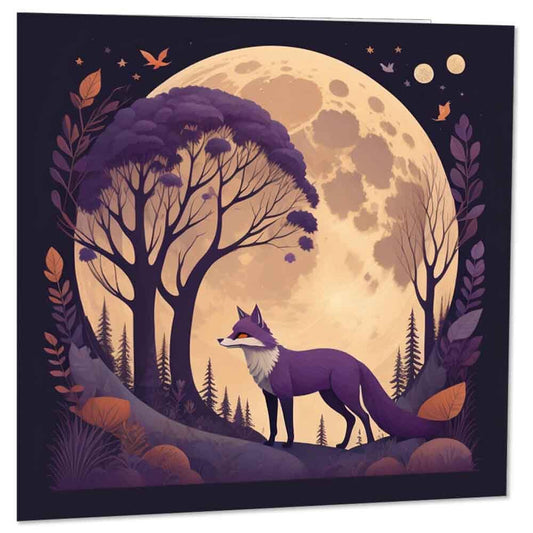 Purple Fox & Moon illustration Greeting Card Beautiful Woodland Art 145 x 145mm - Purple Fox Gifts