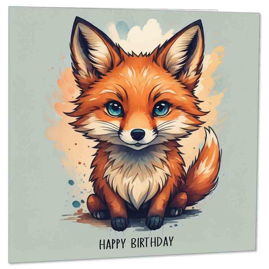 Happy Birthday Card - Cute Fox Birthday Cards Watercolour Fox Anima1 145 x 145mm - Purple Fox Gifts