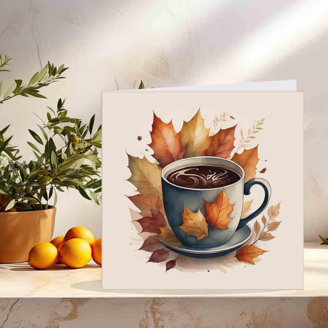 Autumn Greeting Card - Birthday Card Autumn Leaves & Coffee Cup 145 x 145mm - Purple Fox Gifts