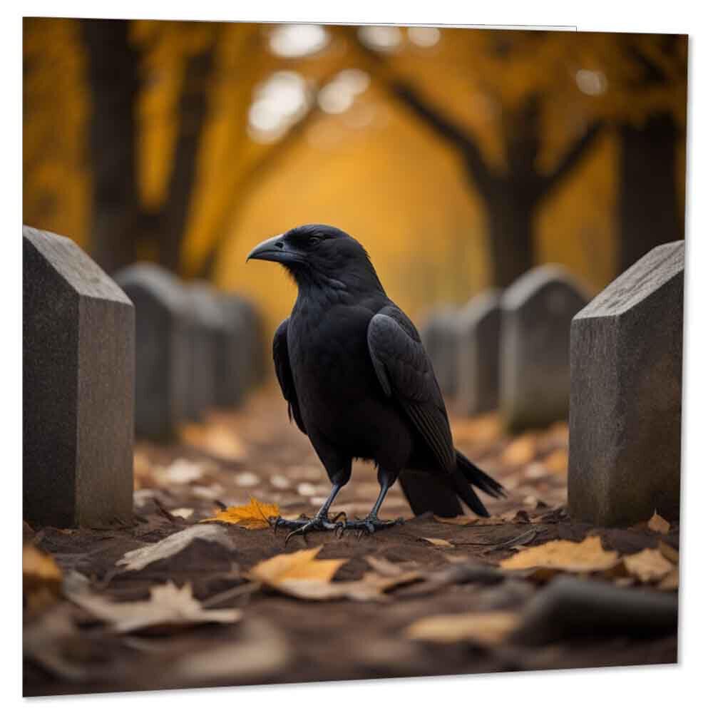 Gothic Greeting Card Raven Crow Graveyard Halloween 145 x 145mm - Purple Fox Gifts