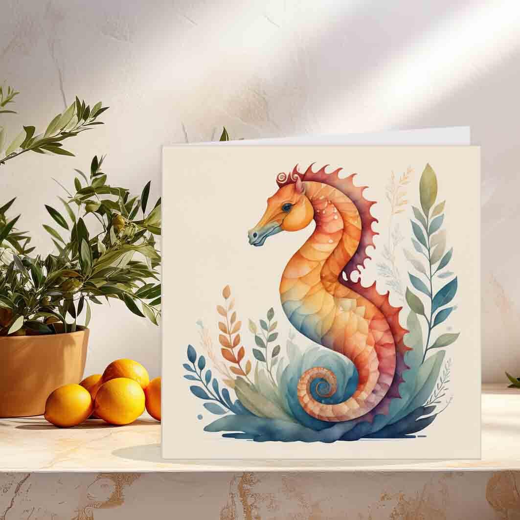 Seahorse Birthday Card Watercolour Sea Horse Greeting Card 145 x 145mm - Purple Fox Gifts