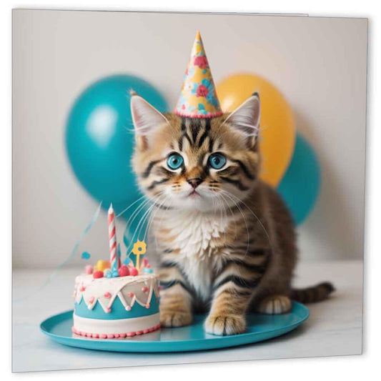 Cute Kitten Birthday Card Cat Adorable Card 147 x 147mm - Purple Fox Gifts