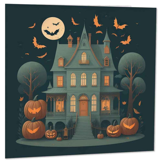 Haunted House Halloween Card - Halloween House Bats Moons Pumpkins 145 x 145mm - Purple Fox Gifts