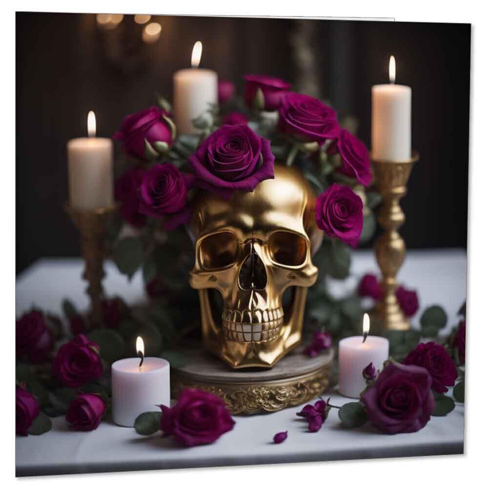 Gothic Cards - Skull Candle Purple Roses 145 x 145mm - Purple Fox Gifts