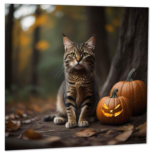 Tabby Cat with Pumpkins- Halloween Card - Woods Forest Autumn 145 x 145mm - Purple Fox Gifts