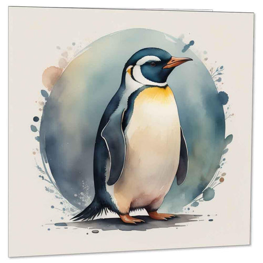 Penguin Greeting Card - Watercolour Penguin Birthday Card 145 x 145mm - Purple Fox Gifts