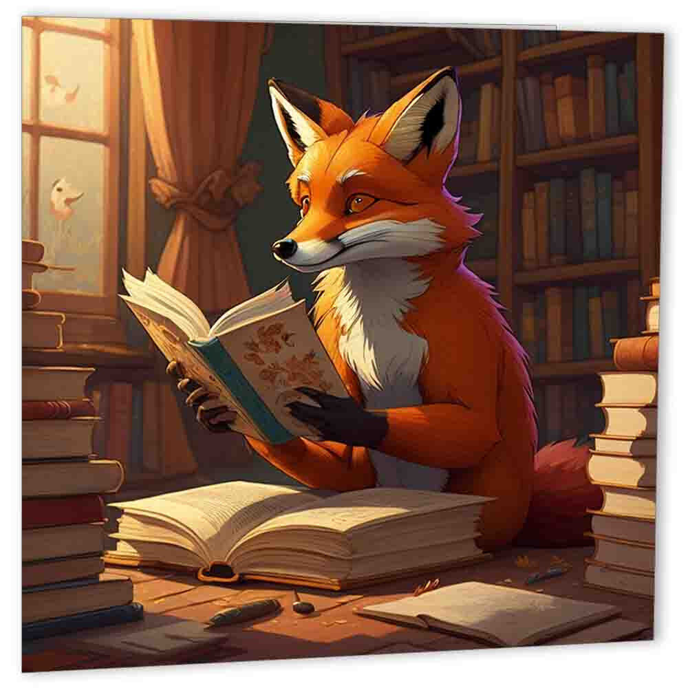 Fox Reading a Book Birthday Card Greeting Card Foxes books 147mm x 147mm - Purple Fox Gifts