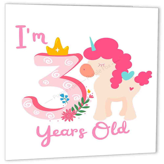 3rd Birthday Card Pink Unicorn three Years Old Birthday 150x150mm Happy 3rd bday - Purple Fox Gifts