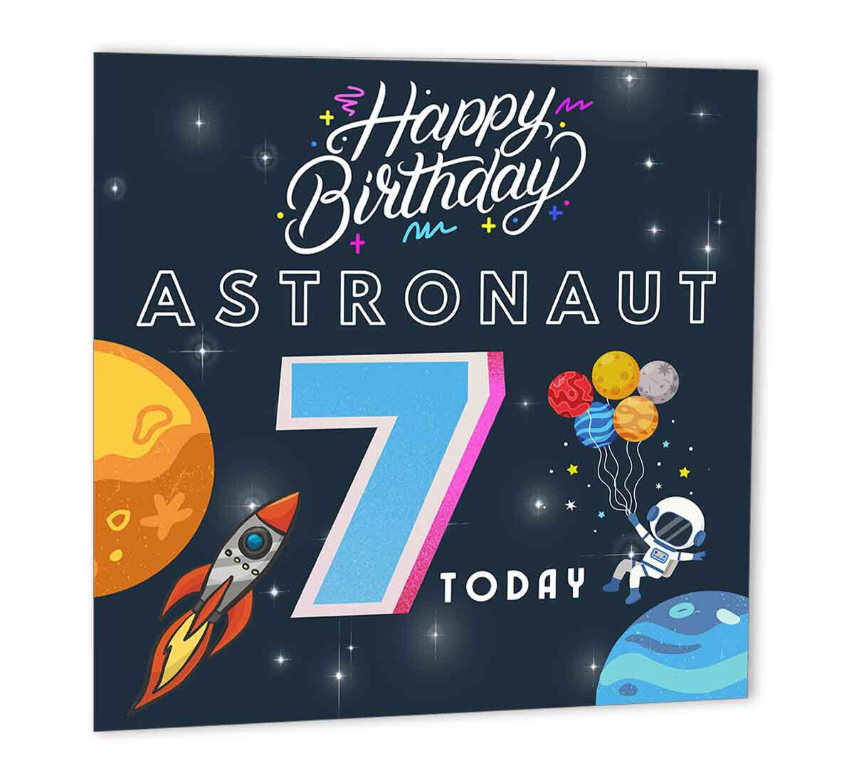 7th Birthday Astronaut Birthday Card Seven outspace 147 x 147mm - Purple Fox Gifts
