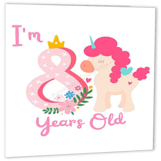 8th Birthday Card Pink Unicorn eight Years Old Birthday Happy 8th bday - Purple Fox Gifts