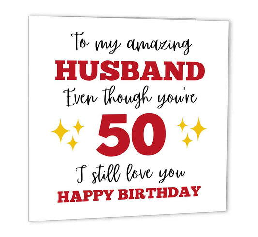 Husbands 50th Birthday Card Husband Fifty - 147 x 147mm - Purple Fox Gifts
