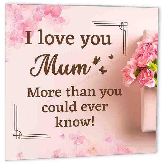 I Love You Mum Card for Mum Birthday Thank you Cute pink 148x148mm - Purple Fox Gifts