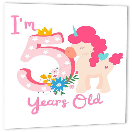 5th Birthday Card Pink Unicorn five Years Old Birthday 210x150mm Happy 5th bday - Purple Fox Gifts