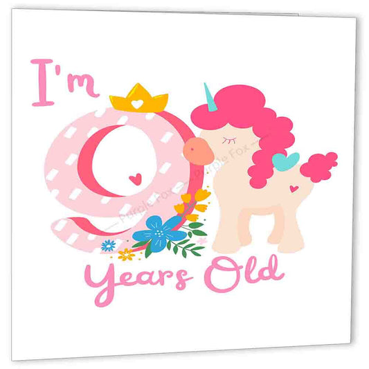 9th Birthday Card Pink Unicorn Nine Years Old Birthday 210x150mm Happy 9th bday - Purple Fox Gifts