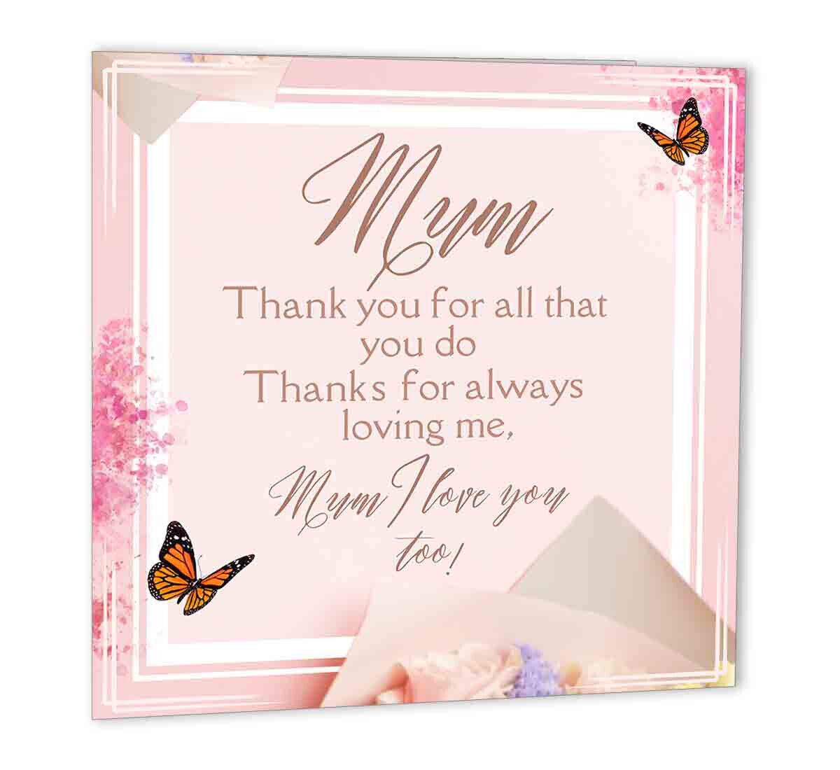 Mum Birthday Card From Daughter Son Thank you Mum Mother Mom 148 x 148mm - Purple Fox Gifts