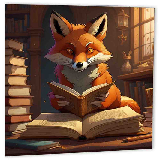 A Fox Reading a Book Birthday Card Greeting Card Foxes books 150mm x 150mm - Purple Fox Gifts