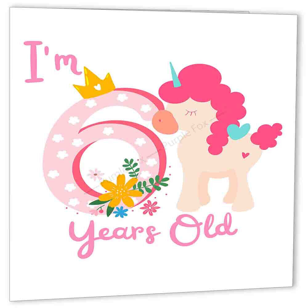 6th Birthday Card Pink Unicorn six Years Old Birthday Happy 6th bday - Purple Fox Gifts