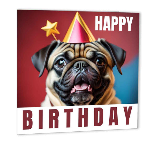 Pug Happy Birthday Card - 147 x 147mm Dog Pugs bday card - Purple Fox Gifts