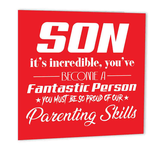 Funny Sons Birthday Card 147 x 147mm Happy Birthday Son, proud of our parenting - Purple Fox Gifts
