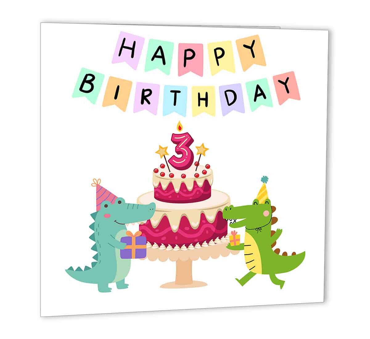 3rd Birthday Card Dinosaurs Cute three Years Old Birthday 150x150mm Happy 3rd - Purple Fox Gifts