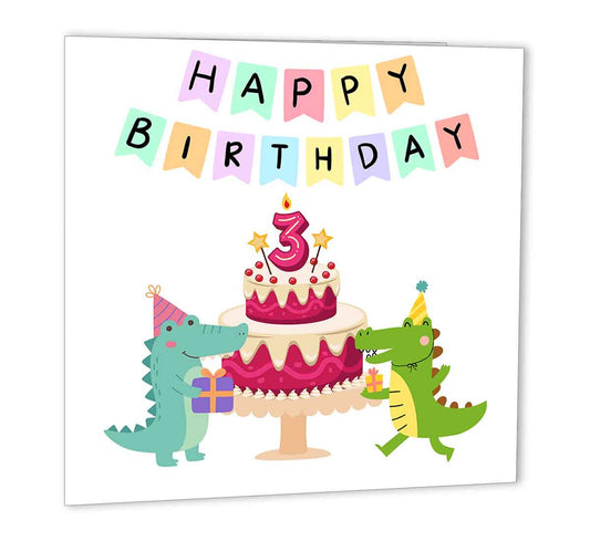 3rd Birthday Card Dinosaurs Cute three Years Old Birthday 150x150mm Happy 3rd - Purple Fox Gifts
