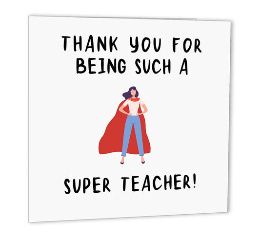 Teacher Thank you Card - Super Teacher Gift School Leaving 147 x 147mm - Purple Fox Gifts