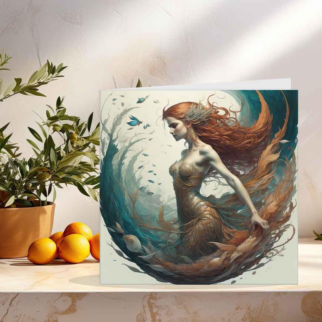 Mermaid Greeting Card - Beautiful Mermaid Artistic Illustration 145 x 145mm - Purple Fox Gifts