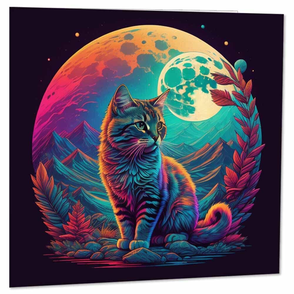 Cat Greeting Card - - psychedelic colourful vivid art cat cards 145 x 145mm - Purple Fox Gifts