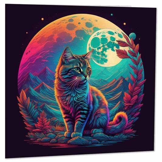 Cat Greeting Card - - psychedelic colourful vivid art cat cards 145 x 145mm - Purple Fox Gifts