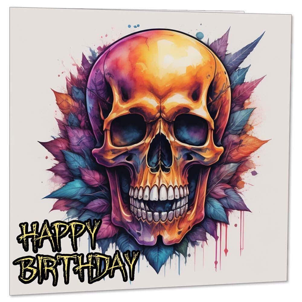 Skull Birthday Card - Gothic Rock Metal Goth Birthday Cards 145 x 145mm - Purple Fox Gifts