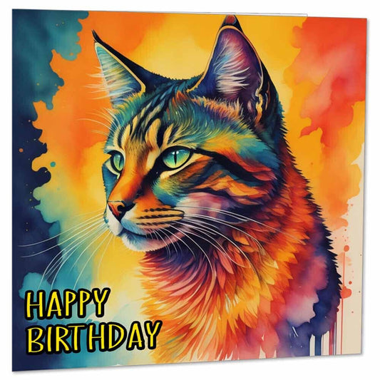 Cat Birthday Card - Watercolour Cat Cards 145 x 145mm - Purple Fox Gifts