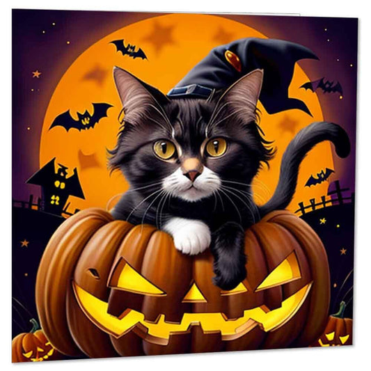 Cat In a Pumpkin Halloween Card Bats Moon Cute 145 x 145mm - Purple Fox Gifts