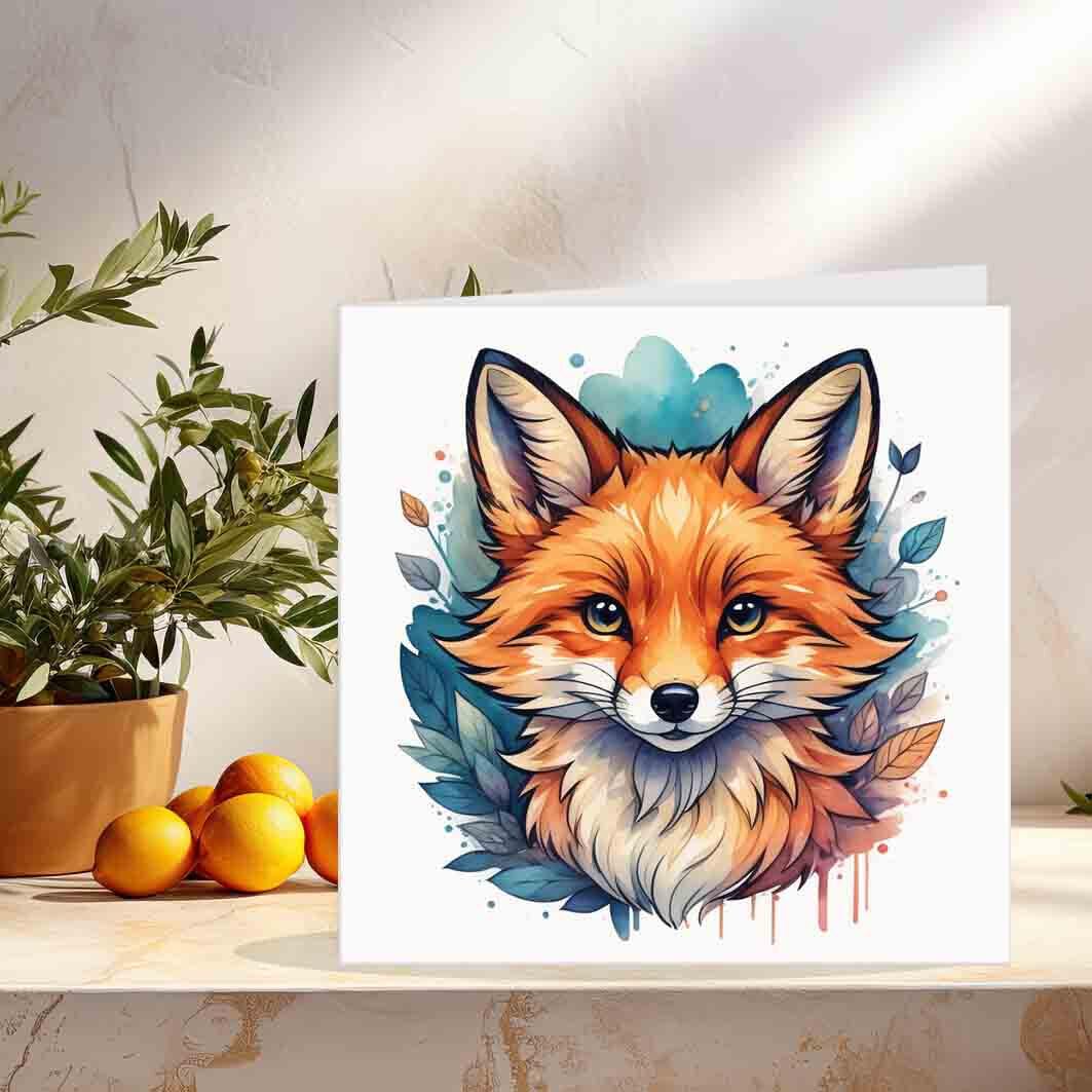 Watercolour Fox Birthday Card Greeting Card cute Fox Animal cards 145 x 145mm - Purple Fox Gifts