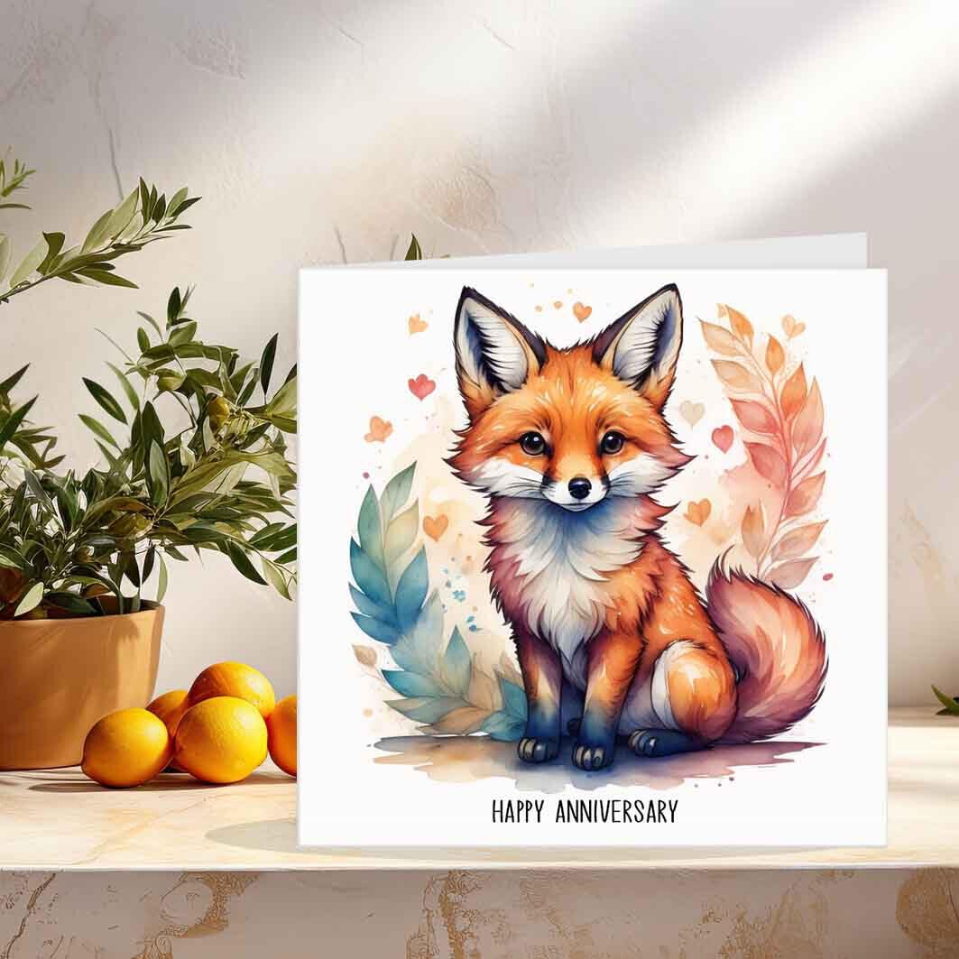 Happy Anniversary Card - Cute Fox Anniversary Cards for him her 145 x 145mm - Purple Fox Gifts