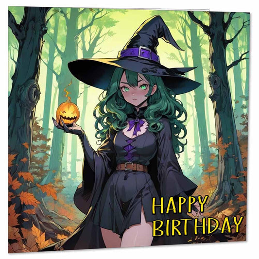 Anime Witch Birthday Card - Anime Girl Greeting Card Cute witches 145 x 145mm - Purple Fox Gifts