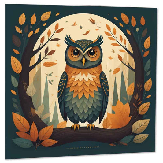 Owl Greeting Card - Woodland Owl Illustration Art Birthday Card 145 x 145mm - Purple Fox Gifts