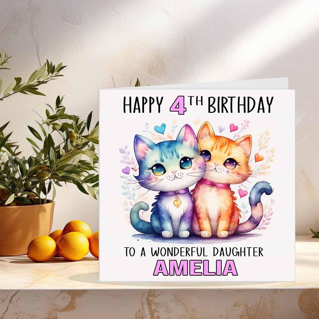 Personalised Girls Cat Birthday Card - Any Age - Kittens Cats Kitty 145 x 145mm - Purple Fox Gifts