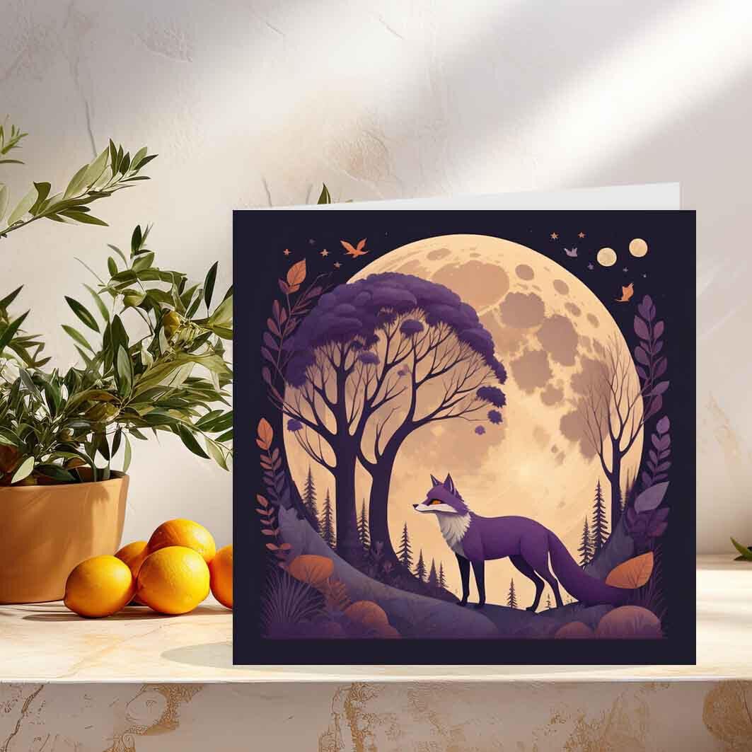 Purple Fox & Moon illustration Greeting Card Beautiful Woodland Art 145 x 145mm - Purple Fox Gifts