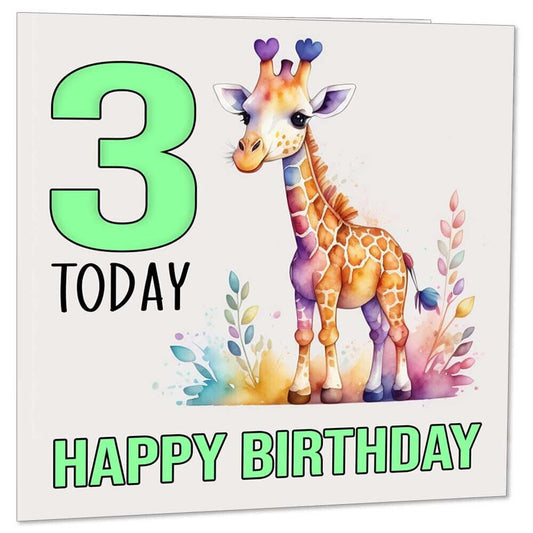 3rd Birthday Card Kids Childrens 3 Years Old Watercolour Giraffe 145 x 145mm - Purple Fox Gifts