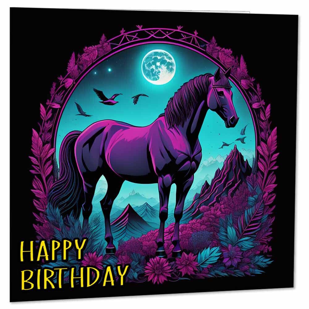 Horse Birthday Card Horses Design Beautiful Moon Greeting Card 145 x 145mm - Purple Fox Gifts