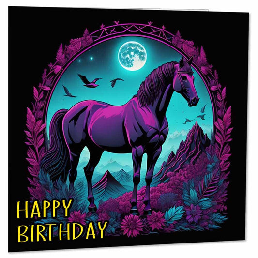 Horse Birthday Card Horses Design Beautiful Moon Greeting Card 145 x 145mm - Purple Fox Gifts