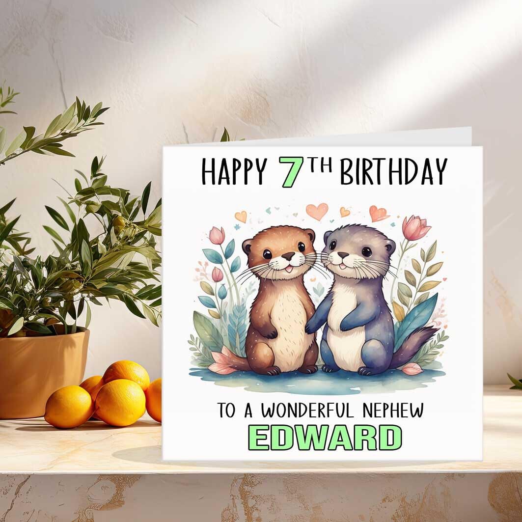 Personalised Kids Otter Birthday Card - Any Age & Name - Boys Girls 145 x 145mm - Purple Fox Gifts