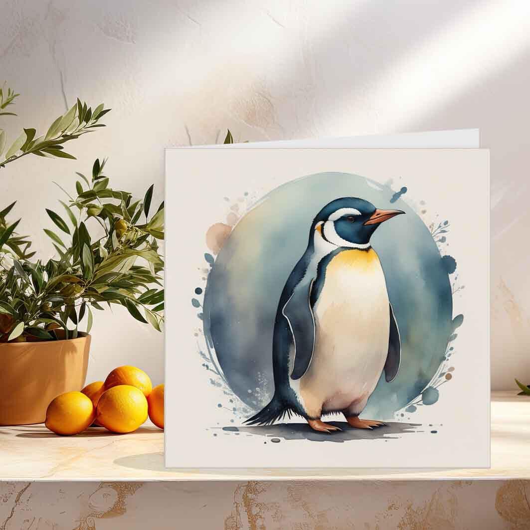 Penguin Greeting Card - Watercolour Penguin Birthday Card 145 x 145mm - Purple Fox Gifts