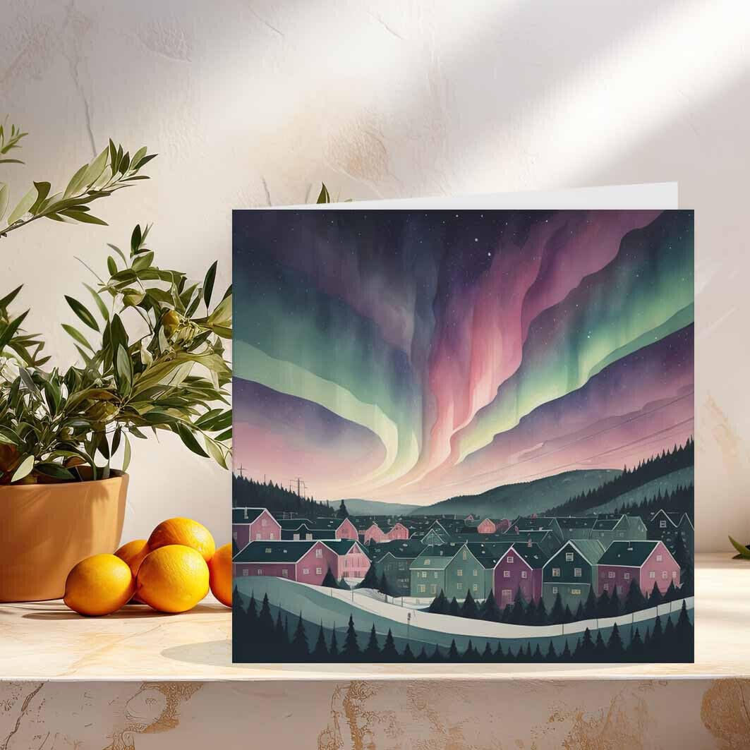 Northern Lights Card - Scandanavian Greeting Card 145 x 145mm - Purple Fox Gifts