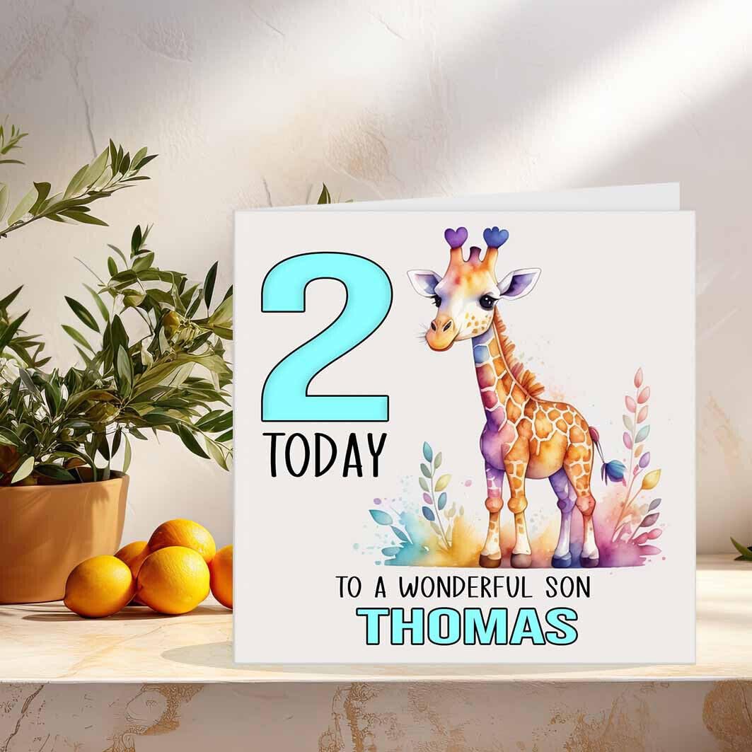 Personalised Kids Giraffe Birthday Card - Any Age & Name - Boys girl 145 x 145mm - Purple Fox Gifts