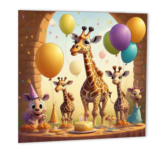 Cute Giraffe Birthday Card Giraffes birthday card for kids 147mm x 147mm - Purple Fox Gifts